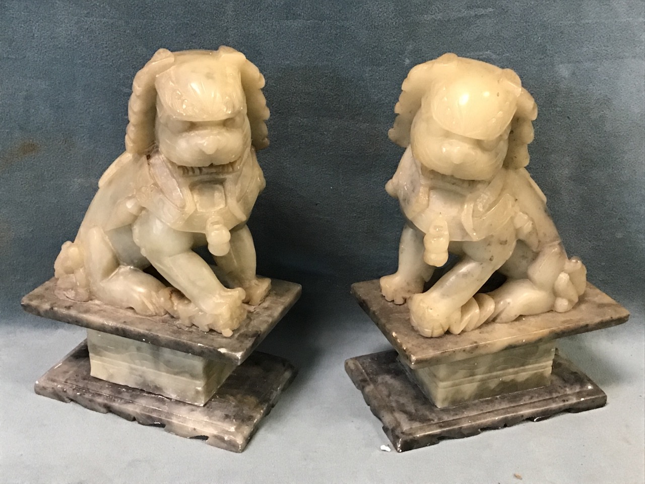 A pair of Chinese carved soapstone Fo dogs on plinths - 7.5in; and a carved soapstone figure of a - Image 3 of 3