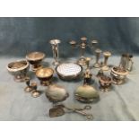 Miscellaneous silver plate including rose bowls, a candelabra, posy vases, a pair of candlesticks, a