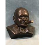 A cast iron wall bust of Churchill and cigar, with bronze patination - Hong Kong foundry/makers