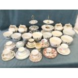 Miscellaneous teaware including two cake stands, teacup trios, a Myott handpainted cream jug, etc;