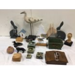 Miscellaneous wood containers and ornaments including a decoy type duck, handpainted boxes, a