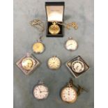 A Smiths gold plated pocket watch on an albert chain; six miscellaneous chrome and silver plated