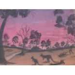 The Chase, a pastel drawing of a kangaroo hunt by an Australian Aboriginal child, the artwork