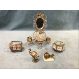 Four 19th century Palais Royal objets de vertu - a gilt metal dressing table tidy with mirror and