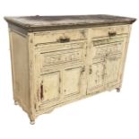 A late Victorian painted sideboard with rectangular moulded top above two drawers and carved fielded