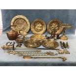Miscellaneous brass including toasting forks, six galleon embossed circulars wall plaques, a horse