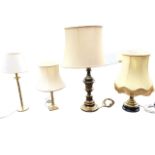 A Victorian brass tablelamp with fluted column on glazed base fitted with fringed shade; and three