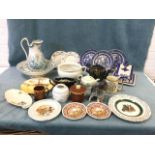 Miscellaneous ceramics including a Victorian Staffordshire jug & basin, a cheese dish & cover,