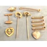 Miscellaneous gold - a set of four 9ct hinged pins, two hunting stock pins, a floral embossed