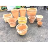 Miscellaneous terracotta garden pots - a pair tapering Yorkshire Flower Pot, ribbed waved rims,