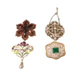 Four old unmarked jewellery pieces - a fine pendant with openwork oval panels set with stones, a