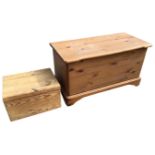 A pine blanket box with shaped hinged lid raised on bracket feet; and a smaller pine box with