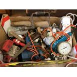 A box of miscellaneous tools, Black & Decker drills, plumbing, an electrical siren, chisels, a brass