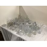 Miscellaneous cut & moulded glass including bells, sundae dishes, cruets, ashtrays, ornaments, jugs,
