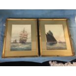 WTN Boyce, watercolours, a pair, sailing boats in choppy seas, signed and dated 1902, mounted & gilt