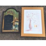 A Victorian style menu chalkboard in arched moulded frame with relief applied figure & ducks; and