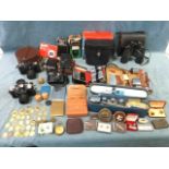 Miscellaneous collectors items - a leather collar box, cased cufflinks, cameras & photographic