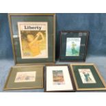 Five golf related prints - old advertising images, a handcoloured cartoon, a St Andrews poster, an