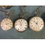 Three Victorian hallmarked silver pocket watches with albert chains, the pair cased watches with