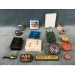 Miscellaneous items including glass paperweights, tins, a signed handpainted Russian box, a