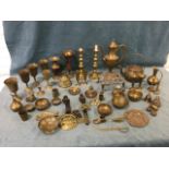 Miscellaneous brass including a pair of Victorian candlesticks, benares, vases, a teapot, a set of