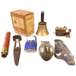 Miscellaneous collectors items - a brass mounted three-drawer Victorian telescope, a brass handbell,