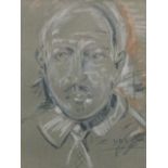 Zbigniew Drecki, chalk and pastel on green paper, male portrait, signed, mounted and framed. (8in