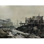 Chipchase, watercolour, coastal slipway scene with buildings and boats, signed & dated 56, mounted