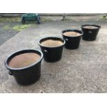 A set of four black glazed terracotta circular tapering plant pots, with shell handles. (17in x 12.