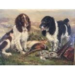 J Valentine, oil on canvas, two spaniels with game in moorland landscape, signed and dated 1944,