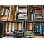 Five boxes of miscellaneous books - modern fiction, reference, antiques, rugby, maps, gardening,