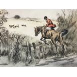 Henry Wilkinson, a huntsman taking a fence, etching with handcolouring, signed and numbered in the