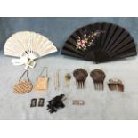 A Victorian embroidered and sequinned silk fan, on bone sticks; a painted silk fan, on ebonised