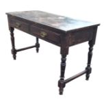 A late Victorian stained oak side table, the rectangular top above a pair of frieze drawers,