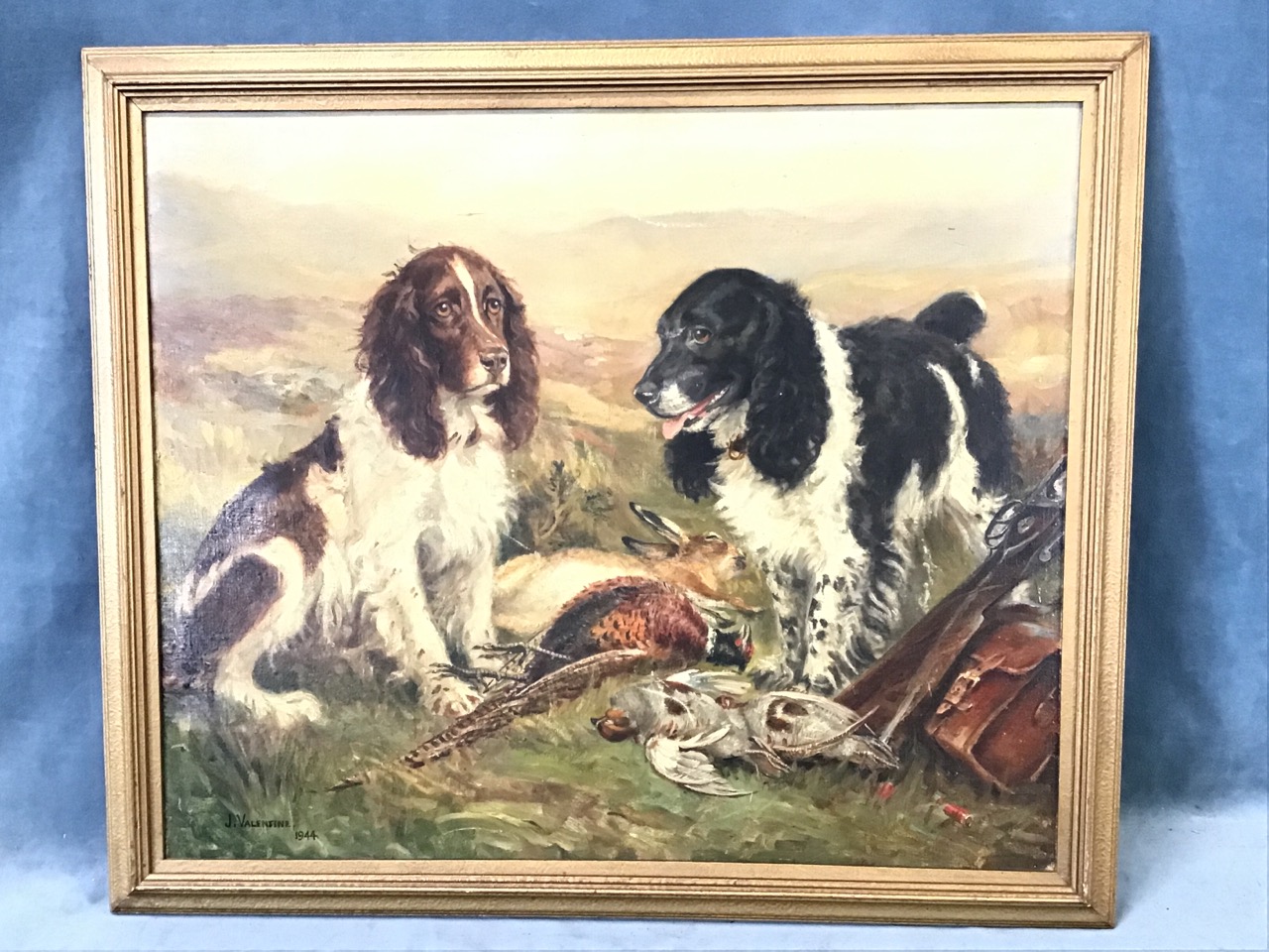 J Valentine, oil on canvas, two spaniels with game in moorland landscape, signed and dated 1944, - Bild 2 aus 3