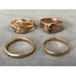 Two gold wedding bands - 18 and 15ct; a 9ct gold signet ring; and a 9ct gold buckle type ring. (4)