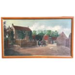 Late nineteenth century oil on canvas, farmhouse & yard scene with two figures feeding chickens,