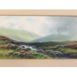 RJ Lugg, watercolour, misty landscape with stream, signed, mounted & framed. (11.25in x 6in)