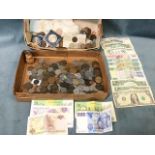 A collection of coins and paper money - crowns, a large quantity of pennies & halfpennies, 18 notes,