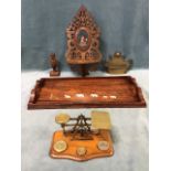 A 19th century Sorrento fretwork and marquetry wall bracket; an Indian rosewood tray with turned