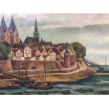 Eduard Dollerschell, oil on canvas, coastal view of town with boat at quayside, signed, inscribed to