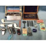 Miscellaneous collectors items including clay pipes, Acme whistles, a Victorian horn whistle, a