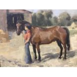 Oil on canvas, study of a child with pony in stableyard, unsigned & framed. (29.25in x 22.5in)