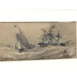 A nineteenth century marine pencil and bodycolour sketch of a pilot cutter and square rigger in a