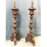 A pair of Edwardian copper tablelamps with urn shaped platforms on bulbous columns above leaf