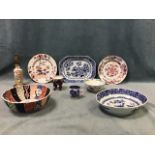 A collection of 18th and 19th century oriental ceramics - two Chinese Imari plates, a famille rose