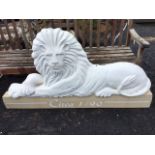 A large 5ft resin/fibreglass Landseer type lion on rectangular plinth, labelled circa 1790. (60.