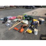 Miscellaneous garden tools and equipment including two fertiliser spreaders, a brush burner, two