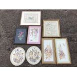 Four framed handsewn embroideries/samplers; and four framed pressed/dried flower pictures. (8)