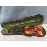 A cased violin & bow, the instrument unlabelled. (23.75in)